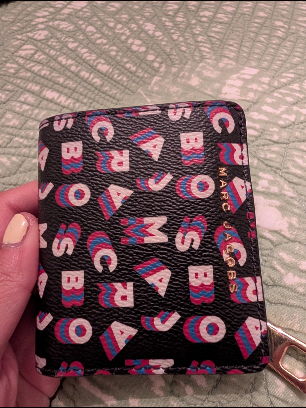 Marc Jacobs Black Logo Print Compact Wallet - Black with Pink & Blue Accents